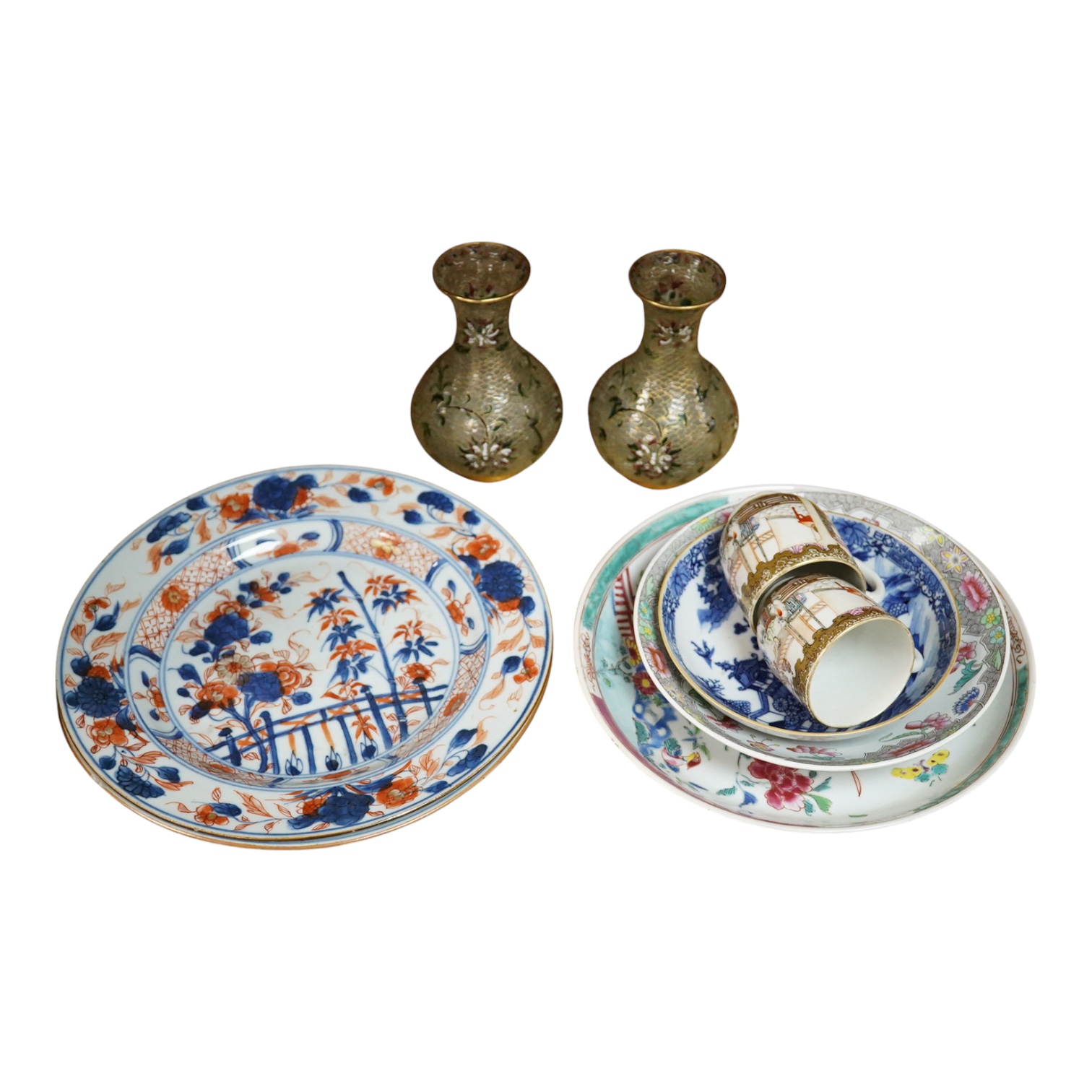 A pair of plique au jour Chinese vases together with a collection of Chinese export plates and dishes, largest 22cm in diameter